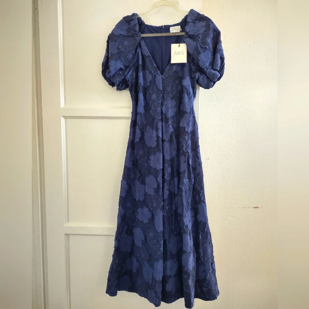 Tanya Taylor Harley Floral Navy Puff Sleeve VNeck Midi Dress - Picture 3 of 10